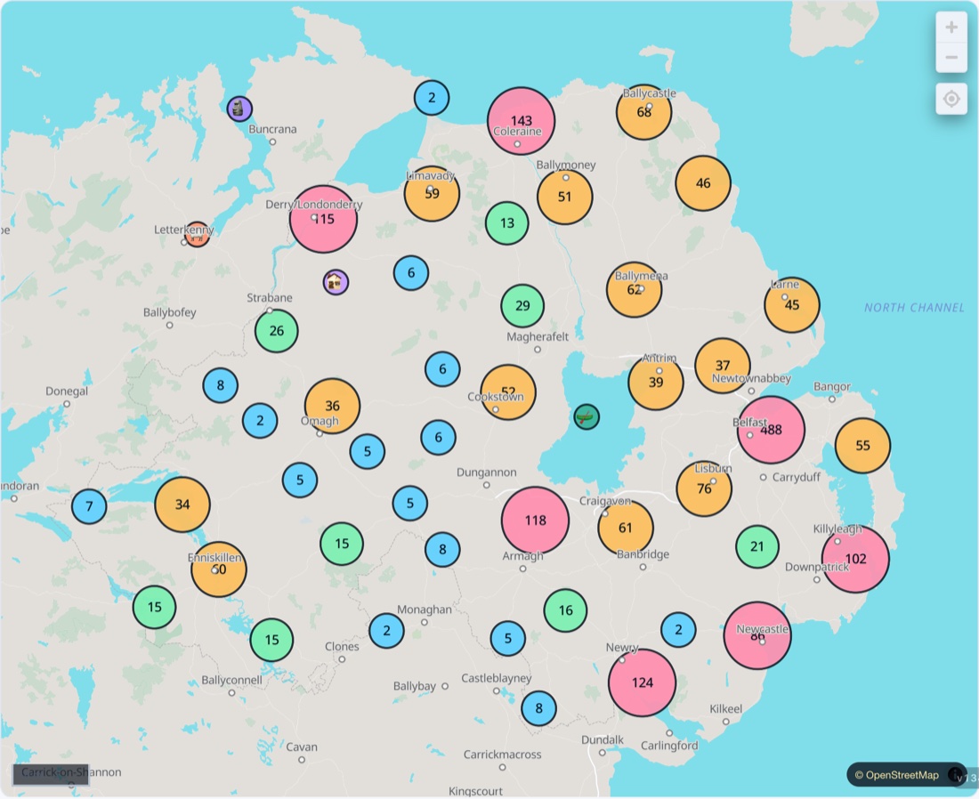Map of Northern Ireland covered in Days Out NI place clusters