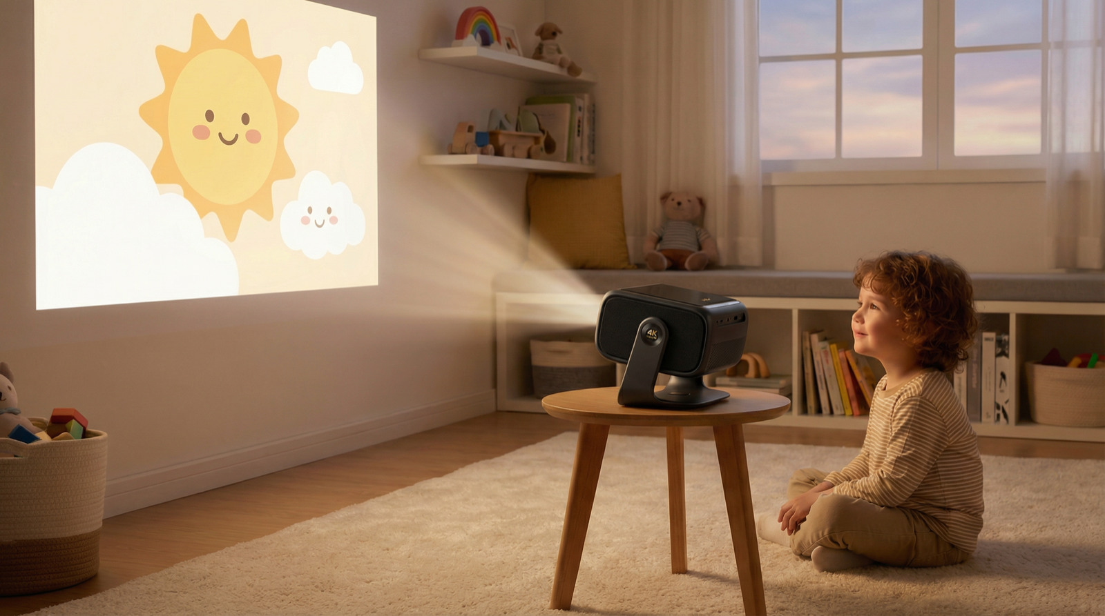 A child watching a projector on the wall